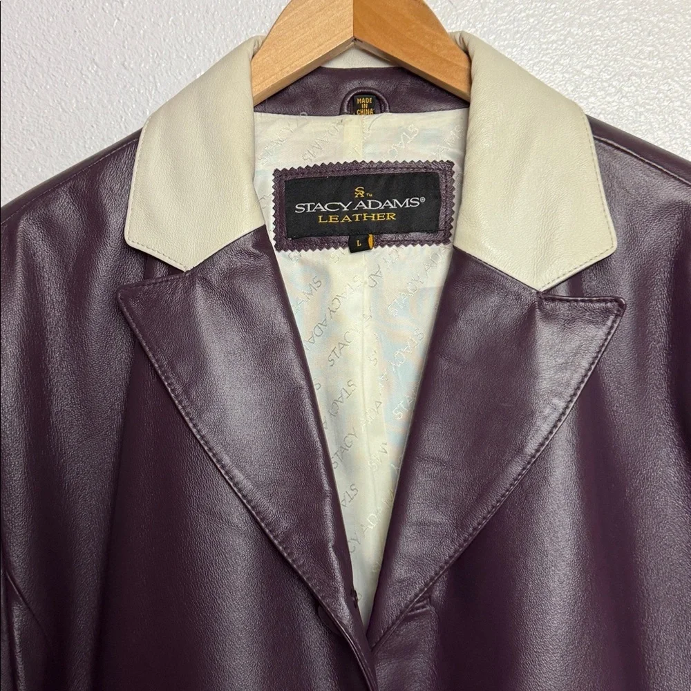 Stacy Adams Men’s Dark Brown Leather Car Coat With Ivory Trim Size Large Vintage